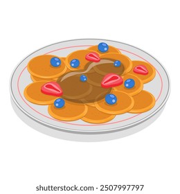 Conjunto de panqueques de Vector plano isométrico 3D, brunch americano con miel o jarabe. Punto 1