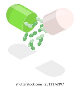 Conjunto de vetor plano isométrico 3D de probióticos, elementos de microbioma em cápsulas médicas. Rubrica 3