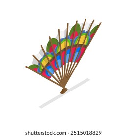 3D Isometric Flat Vector Set of Decorative Fans, Asian Traditional Folding Hand Fan. Item 3