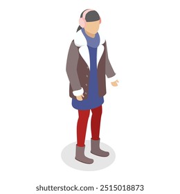 3D Isometric Flat Vector Set of Fashionable People in Trendy Clothes, Winter Fashion. Item 1