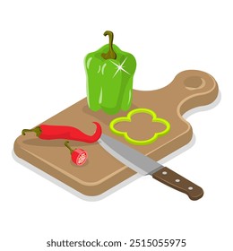 3D Isometric Flat Vetor Conjunto de processo alimentar de cozimento, carne, peixe, fatias de corte vegetal em uma placa. Rubrica 2