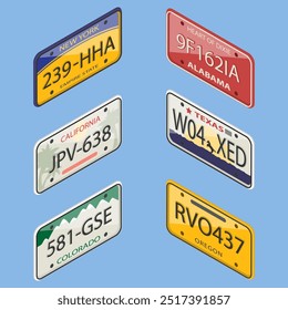 3D Isometric Flat Vector Set of License Plates, Collection from Various US States