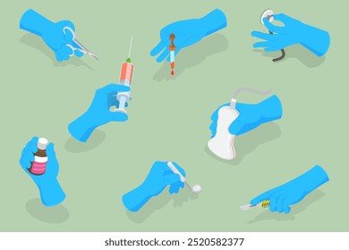 3D Isometric Flat Vector Set of Doctors Hands, Medical Instruments Held by Hands in Blue Sterile Gloves