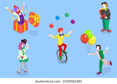 3D Isometric Flat Vector Set of Clowns, Collection of Funny and Colorful Circus Cartoon Characters