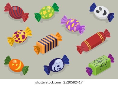 3D Isometric Flat Vector Set of Candy In Different Wrappers, Halloween Sweet Treats