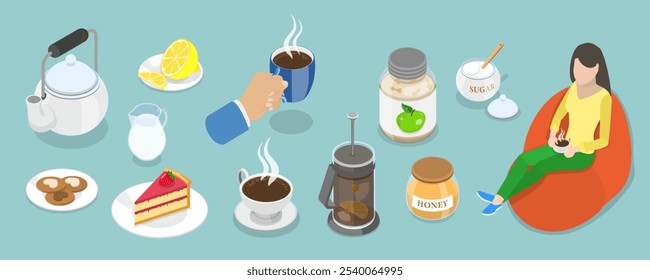 3D Isometric Flat Vector Set of Tea Time, Hot Drinks Traditinal Elements