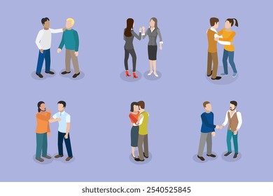 3D Isometric Flat Vector Set of Greeting Gestures, Friends or Colleagues Greet Each Other