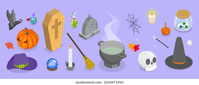 3D Isometric Flat Vector Set of Halloween Items, Collection of Spooky Objects