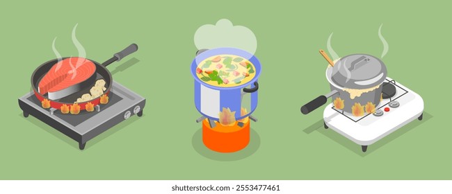 3D Isometric Flat Vector Set of Field Kitchen Elements, Cooking Food On Camp Stoves