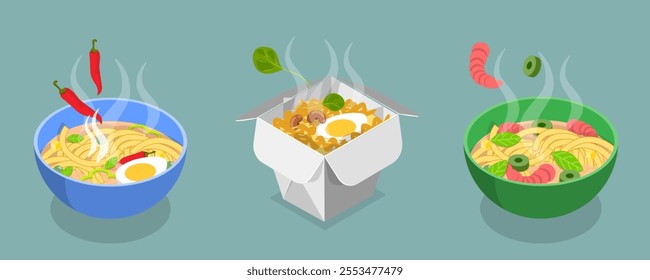 3D Isometric Flat Vector Set of Ramen Bowls, Chinese And Japanese Noodles