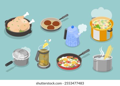 3D Isometric Flat Vector Set of Cooking Pans and Pots, Preparing Home Food