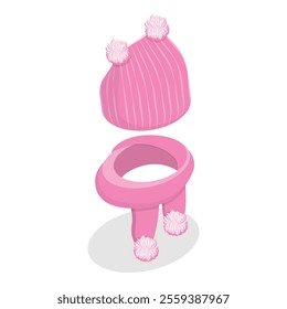 3D Isometric Flat Vector Set of Childish Knitted Accessories, Winter Stylish Hats and Scarves. Item 4