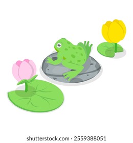 3D Isometric Flat Vector Set of Cartoon Frogs, Toad Life Cycle. Item 1