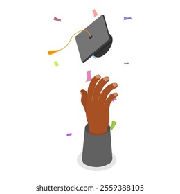 3D Isometric Flat Vector Set of Graduate Students, Peoples Hands Tossing Graduation Caps Up in Celebration. Item 1