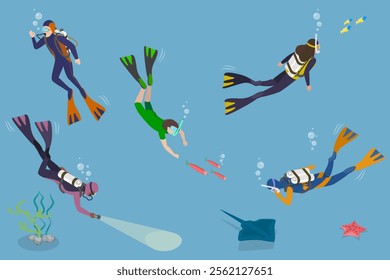 3D Isometric Flat Vector Set of Scuba Divers, Marine Exploring People