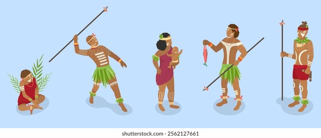 3D Isometric Flat Vector Set of Native Tribal People, Aboriginal Men