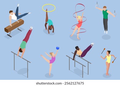 3D Isometric Flat Vector Set of Athletic Gymnastics, Sport Competitions