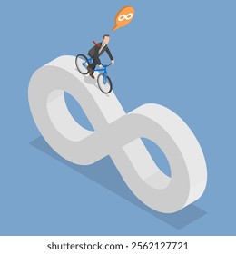 3D Isometric Flat Vector Set of Business Cycle, Businessman Cycling On Endless Infinity Loop Trail