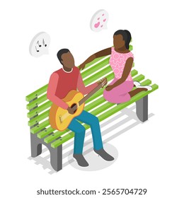 3D Isometric Flat Vector Set of Romantic Couples, Lovers Talking on a Bench. Item 1