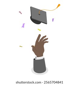 3D Isometric Flat Vector Set of Graduate Students, Peoples Hands Tossing Graduation Caps Up in Celebration. Item 2