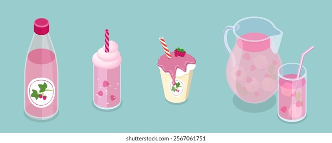 3D Isometric Flat Vector Set of Refreshing Drinks, Strawberry Drinks In An Elegant Arrangement For Enjoying Alone Or With Friends