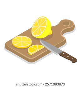 3D Isometric Flat Vector Set of Cooking Food Process, Meat, Fish, Vegetable Chopping Slices on a Board. Item 3