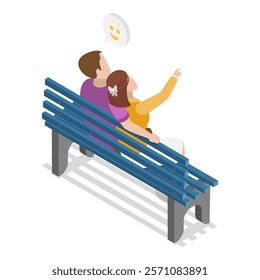 3D Isometric Flat Vector Set of Romantic Couples, Lovers Talking on a Bench. Item 2