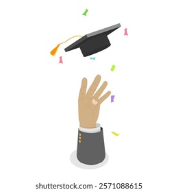 3D Isometric Flat Vector Set of Graduate Students, Peoples Hands Tossing Graduation Caps Up in Celebration. Item 3