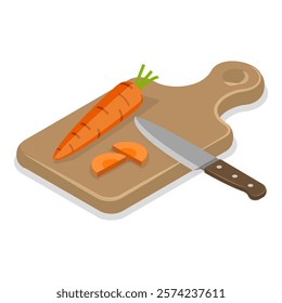 3D Isometric Flat Vector Set of Cooking Food Process, Meat, Fish, Vegetable Chopping Slices on a Board. Item 4