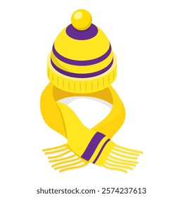 3D Isometric Flat Vector Set of Childish Knitted Accessories, Winter Stylish Hats and Scarves. Item 7