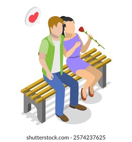 3D Isometric Flat Vector Set of Romantic Couples, Lovers Talking on a Bench. Item 3