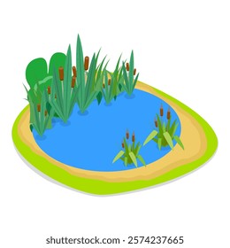 3D Isometric Flat Vector Set of Natural Water Landscape , River, Waterfall, Pond, and Fountain. Item 4