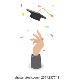 3D Isometric Flat Vector Set of Graduate Students, Peoples Hands Tossing Graduation Caps Up in Celebration. Item 4