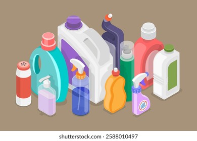 3D Isometric Flat Vector Set of Detergent Bottles, Cleaning Supplies Products