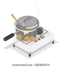 Conjunto de vetores planos isométricos 3D de elementos de cozinha de campo, cozinhar alimentos em fogões de acampamento. Rubrica 1