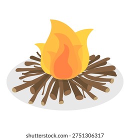 3D Isometric Flat Vector Set of Bonfires, Wooden Boards Used For Nighttime Outdoor Bonfire With Flaming Logs And Coals. Item 1
