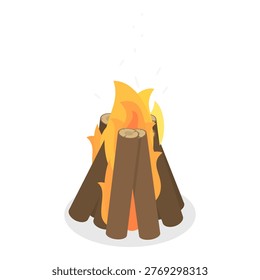 3D Isometric Flat Vector Set of Bonfires, Wooden Boards Used For Nighttime Outdoor Bonfire With Flaming Logs And Coals. Item 2