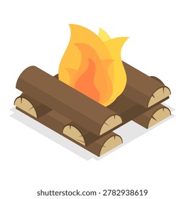 3D Isometric Flat Vector Set of Bonfires, Wooden Boards Used For Nighttime Outdoor Bonfire With Flaming Logs And Coals. Item 4