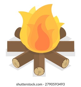 3D Isometric Flat Vector Set of Bonfires, Wooden Boards Used For Nighttime Outdoor Bonfire With Flaming Logs And Coals. Item 5
