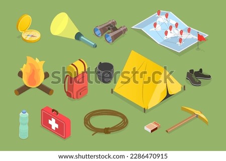 3D Isometric Flat Vector Set of Camping Equipments, Base Camp Gear and Accessories 商業照片 © 