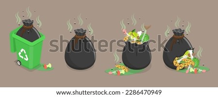 3D Isometric Flat Vector Set of Smelly Trash, Garbage Bags with Rotten Leftovers