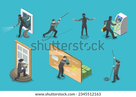 3D Isometric Flat Vector Set of Criminal Set, Thiefs and Burglars