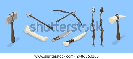 3D Isometric Flat Vector Set of Primal Stone Age Tools, Prehistoric Weapons