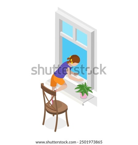 3D Isometric Flat Vector Set of Kids In Danger Situations, Children Safety. Item 7