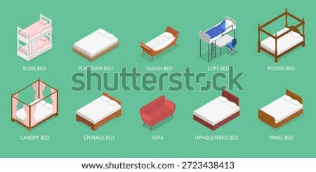 3D Isometric Flat Vector Set of Beds, Visual Guide To Various Bed Types