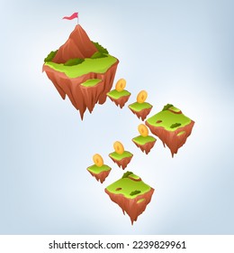 3d isometric floating island for game asset with coin and mountain with flag achievement goal