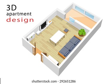 3d isometric floor plan for apartment. Modern graphic living room interior design with furniture: sofa, table, TV-set, book cases and shelves. Isolated vector illustration.