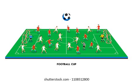 3D isometric football field with football teams. Sport theme, soccer sports field, stadium. Colorful football players on different positions playing soccer. vector illustration in flat style.