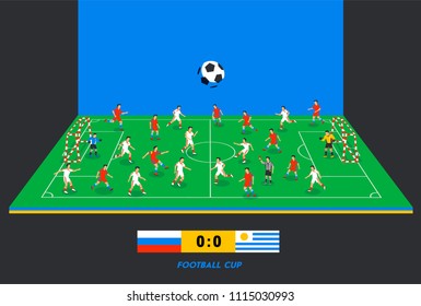 3D isometric football field with football teams. Sport theme, soccer sports field, stadium. Colorful football players on different positions playing soccer. Score table. vector illustration in flat