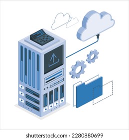 3d Isometric futuristic Hosting server. Abstract datacenter or blockchain background. 3D Digital background. Server farm communication with internet. Computer storage, farming workstation. Vector